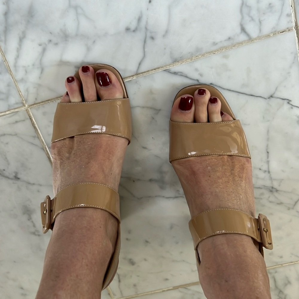 Authentic Prada tan patented leather sandals with 3 inch heel. Size 38.5